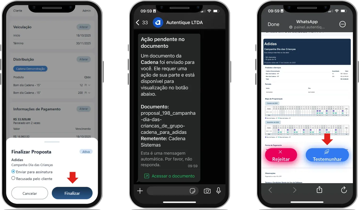 Fluxo de assinatura digital: finalizar proposta, aviso no WhatsApp e assinatura no celular