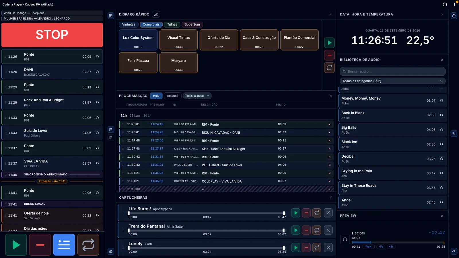 Cadena Player: automação para rádio com disparo rápido de comerciais, programação, cartucheiras e biblioteca de áudio
