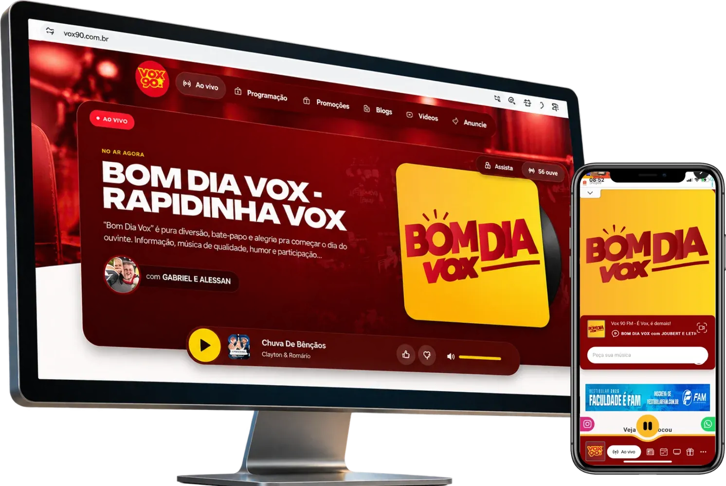 Site e aplicativo para rádio desenvolvidos pela Cadena, com player ao vivo, programação e pedido de música