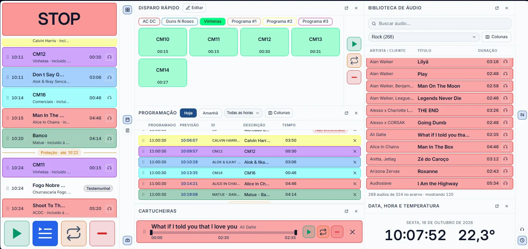 Cadena Estúdio: Cadena Player com a programação no ar, disparo de comerciais e cartucheiras