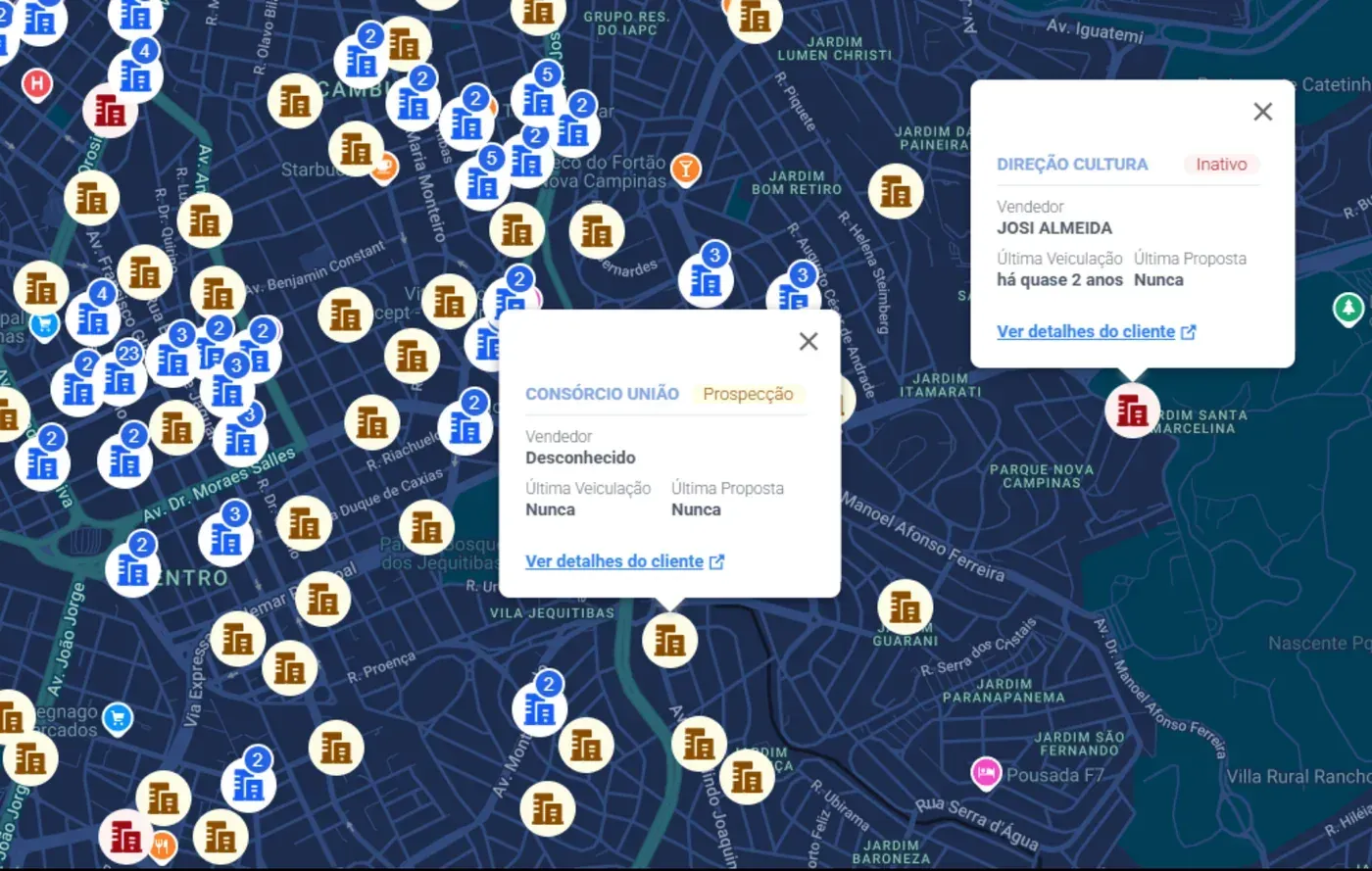 Mapa do Vendedor: anunciantes no mapa com status, vendedor responsável, última veiculação e última proposta
