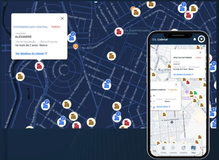 Mapa do Vendedor com anunciantes no mapa, no computador e no celular