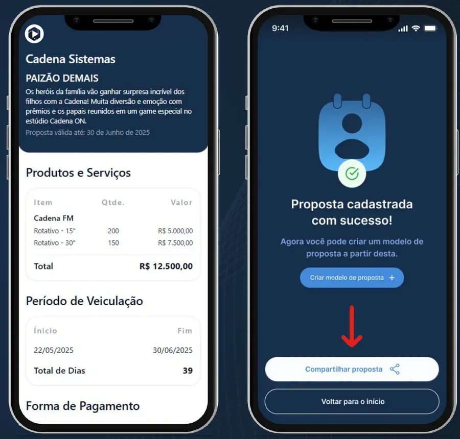 Proposta gerada no celular com produtos, período de veiculação e link de compartilhamento